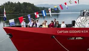 Sponsor Sally Goddard formally introduces CCGS Captain Goddard MSM&#8206; into service with the breaking of a champagne bottle over the bow of the ship.