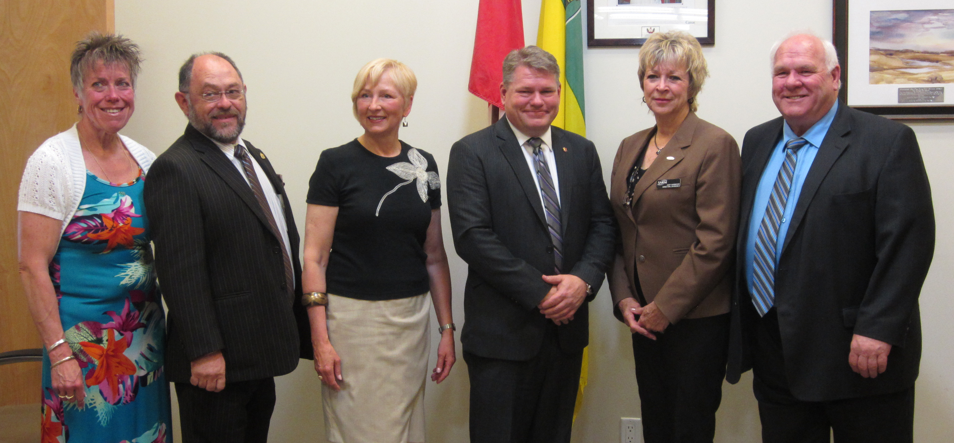 An event was held in the Rural Municipality of Prince Albert, Saskatchewan on May 22 to celebrate that 125 communities across Saskatchewan in 2014 allocated over $39 million through the federal Gas Tax Fund to 157 road and bridge projects. Those in attendance included, from left to right:  Norma Sheldon, Reeve of the Rural Municipality of Prince Albert No. 461; Delbert Kirsch, Member of the Legislative Assembly of Saskatchewan for Batoche; Nadine Wilson, Member of the Legislative Assembly of Saskatchewan for Saskatchewan Rivers; Randy Hoback, Member of Parliament for Prince Albert; Judy Harwood, Division 5 Director of the Saskatchewan Association of Rural Municipalities (SARM) and Ben Buhler Board Member representing the Saskatchewan Urban Municipalities Association (SUMA).
