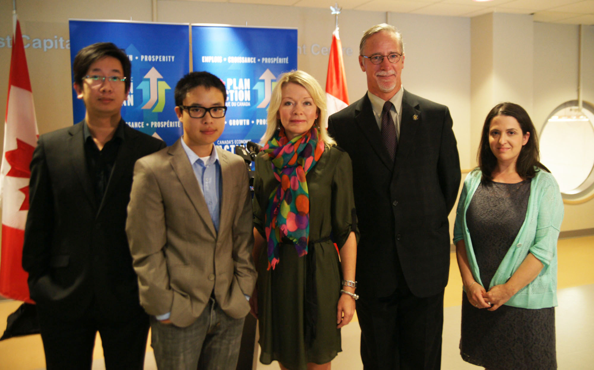 Mr. Kenneth Loi, Eka Innovations/Procurify CEO; Mr. Vincent Tsui, Career Focus program participant; Minister Bergen; Mr. Steve Butz, YMCA President and CEO; and Ms. Yael Drinkle, YMCA Manager, Employment & Training.