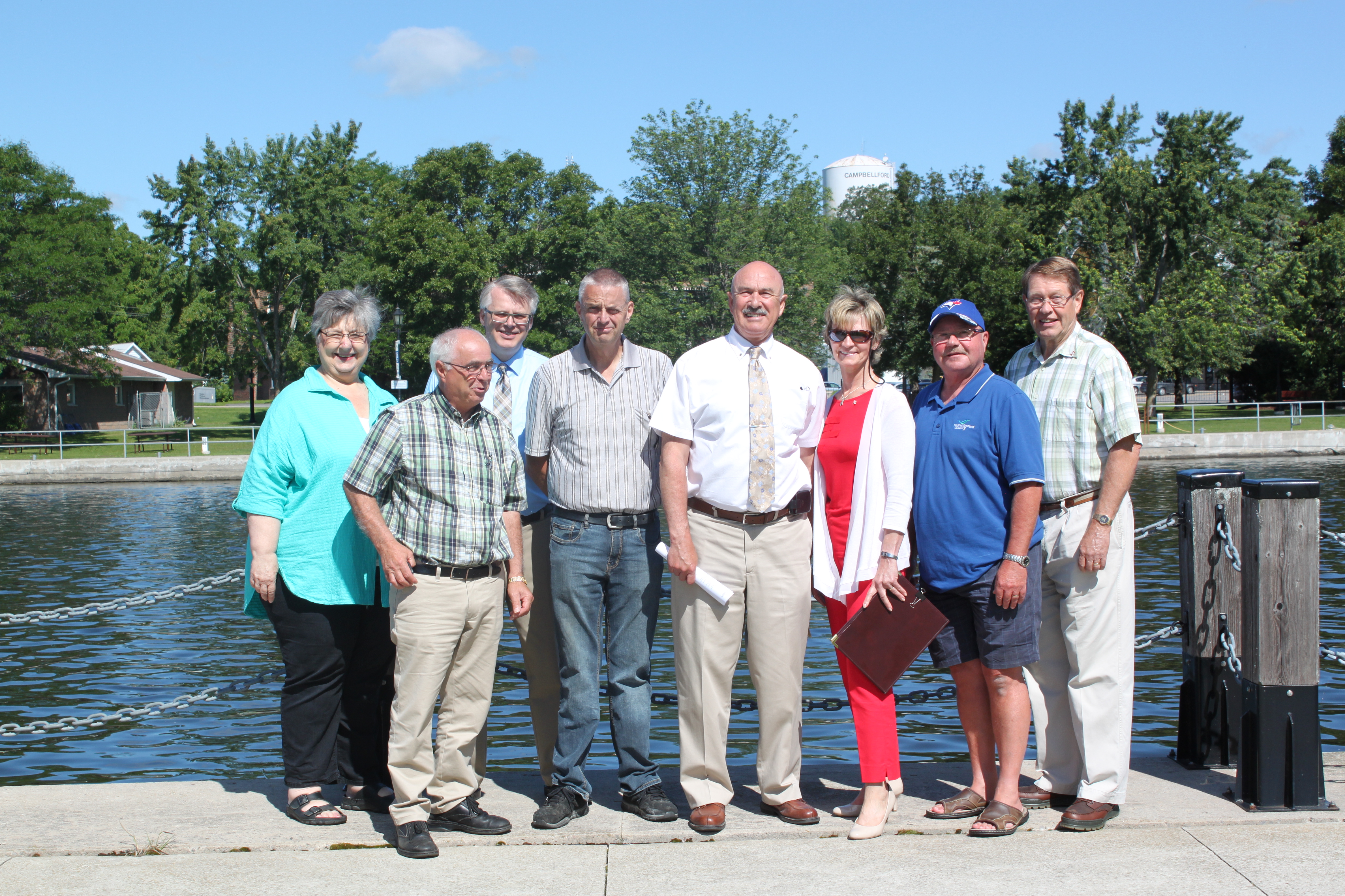 From left to right: Councilor Catherine Redden, Lou Rinaldi, Member of Provincial Parliament for Northumberland ¿Quinte West, Mike Rutter, Chief Administrative Officer Municipality of Trent Hills, Mayor Hector Macmillan, Rick Norlock, Member of Parliament for Northumberland ¿ Quinte West, Councilor Rosemary Kelleher-MacLennan, Councillor Rick English and Councillor Ken Tully.