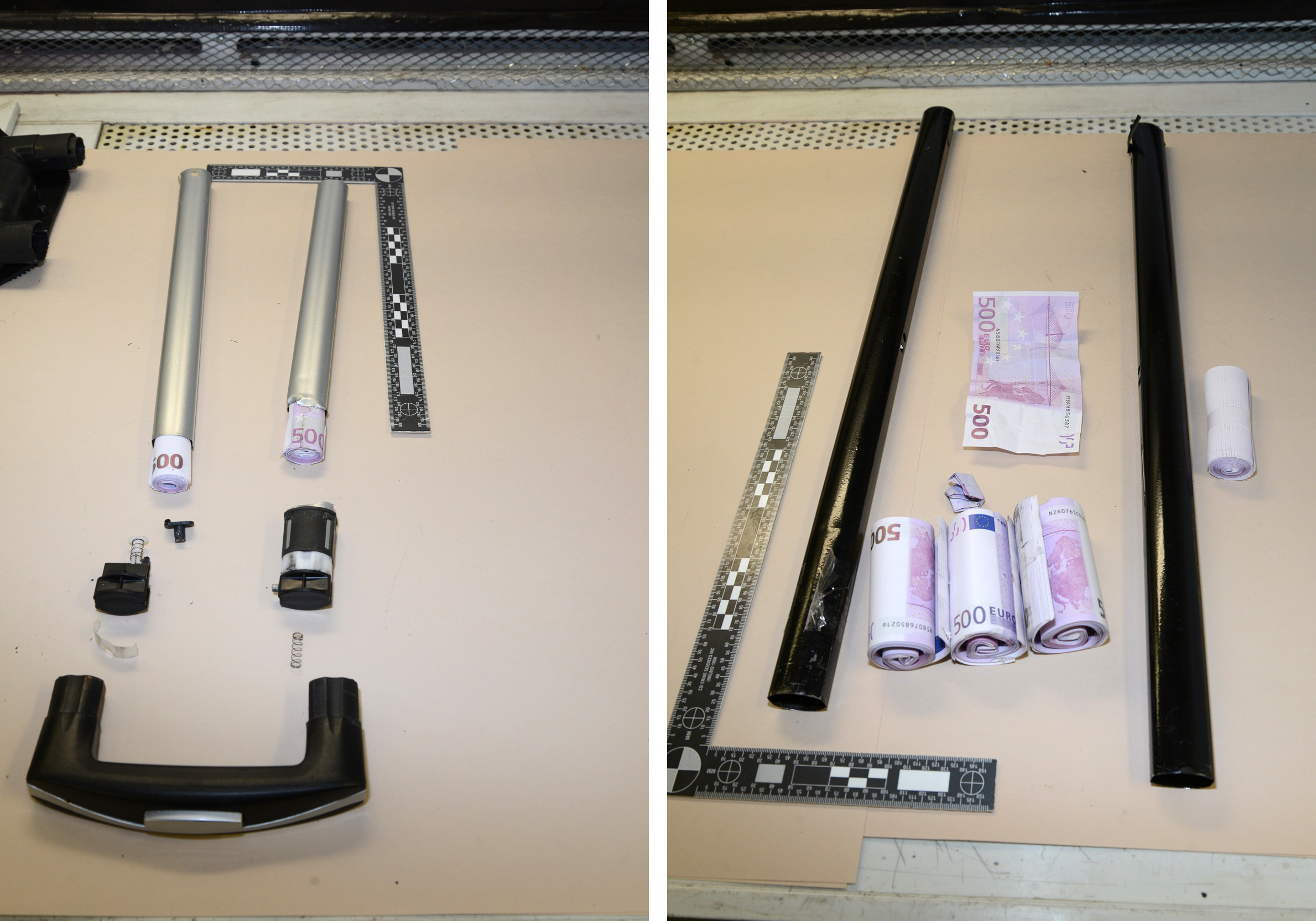 The euros had been rolled into the tube of the handle and thousands of euros were also hidden in the frame of the suitcase.
