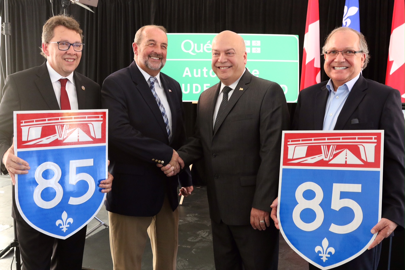 From Left to Right:  Jean D'Amour, Minister for Transport and the Implementation of the Maritime Strategy, and Minister responsible for the regions of Bas-Saint-Laurent and Gaspésie¿Îles-de-la-Madeleine; The Honourable Denis Lebel, Minister of Infrastructure, Communities and Intergovernmental Affairs and Minister of the Economic Development Agency of Canada for the Regions of Quebec; Robert Poëti, Quebec Minister of Transport; and the Honourable Bernard Valcourt, Minister of Aboriginal Affairs and Northern Development.
