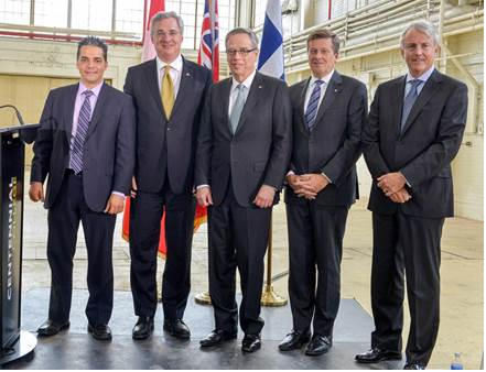 From left to right: Mr. Andrew Petrou, Director of Strategic Initiatives and External Relations (SIER), Executive Director of Downsview Aerospace Innovation and Research (DAIR), Mark Adler, Member of Parliament for York Centre, the Honourable Joe Oliver, Minister of Finance, John Tory, Mayor, City of Toronto and Brad Chapman, Chief Financial Officer and Vice President of Business Development, Centennial College.
