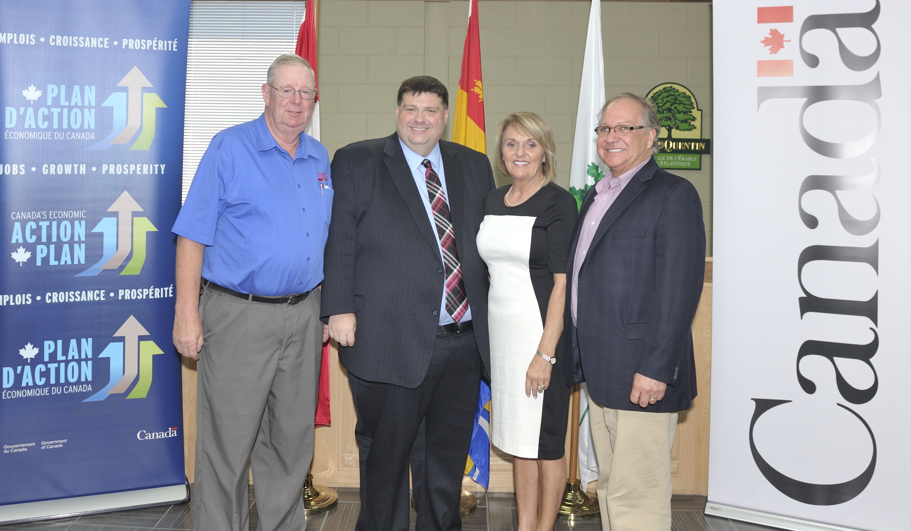 Federal and Provincial Governments Support Mount Carleton Trail Infrastructure 
Infrastructure improvements will help extend winter tourism season in Northern New Brunswick

July 28, 2015 ¿ Saint-Quentin, N.B. ¿ Atlantic Canada Opportunities Agency

The New Brunswick Federation of Snowmobile Clubs (NBFSC) will be able to make improvements to the trail infrastructure in Mount Carleton Provincial Park in collaboration with the Town of Saint-Quentin, thanks to investments from the federal and provincial governments.   

The project involves trail improvements and infrastructure supporting the establishment of a centralized grooming hub in Mount Carleton Provincial Park. Project elements include: construction of trail bridges and shelters, clearing trails, adding signage, establishing new trail loops, acquiring two new trail groomers and adding a groomer storage shed.

Pictured here (left to right): Sandy Young, Past President of the NBFSC on behalf of Brad Mann, President; the Honourable Bill Fraser, Minister of Tourism, Heritage and Culture; Her Worship Nicole Somers, Mayor of Saint-Quentin, and the Honourable Bernard Valcourt, Minister of Aboriginal Affairs and Northern Development and Member of Parliament for Madawaska-Restigouche. 
