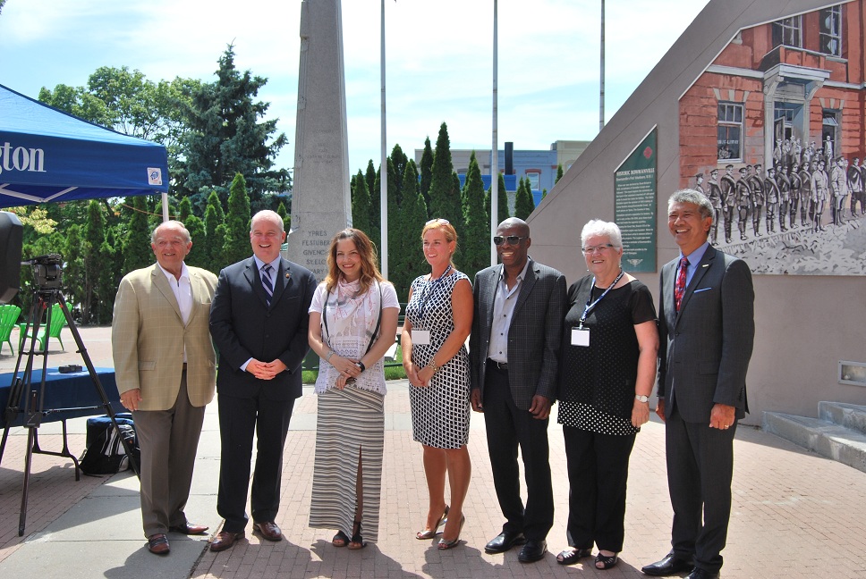 From left to right: Roger Anderson, Regional Chair of Durham Region; the Honourable Erin O'Toole, Minister of Veterans Affairs and Member of Parliament for Durham; Kelly LaRocca, Chief for the Mississaugas of Scugog Island First Nation; Janna Guido, Deputy Mayor of Scugog; Granville Anderson, Member of Provincial Parliament for Durham; Gerri Lynn O'Connor, Mayor of Uxbridge; and Willie Woo, Deputy Mayor of Clarington.