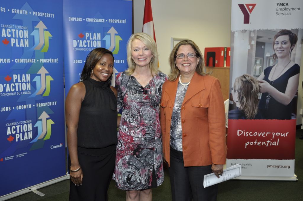 Chacia Garcia, YMCA Job Developer and Employment Councillor, Minister Bergen; and Angela Zaglul, YMCA Job Developer and Employment Councillor.