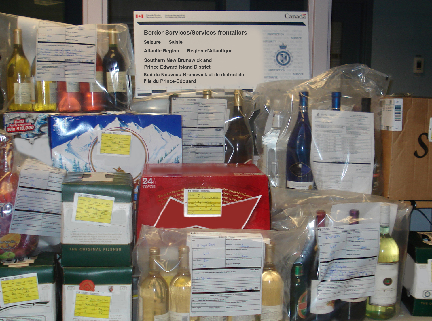 Alcohol seized by CBSA at the St. Stephen port of entry, September 11, 2015.