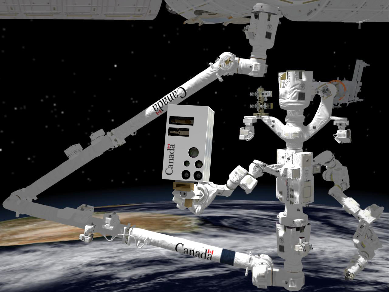 This computer-generated image shows Dextre (right) on the end of Canadarm2, holding an advanced vision system.