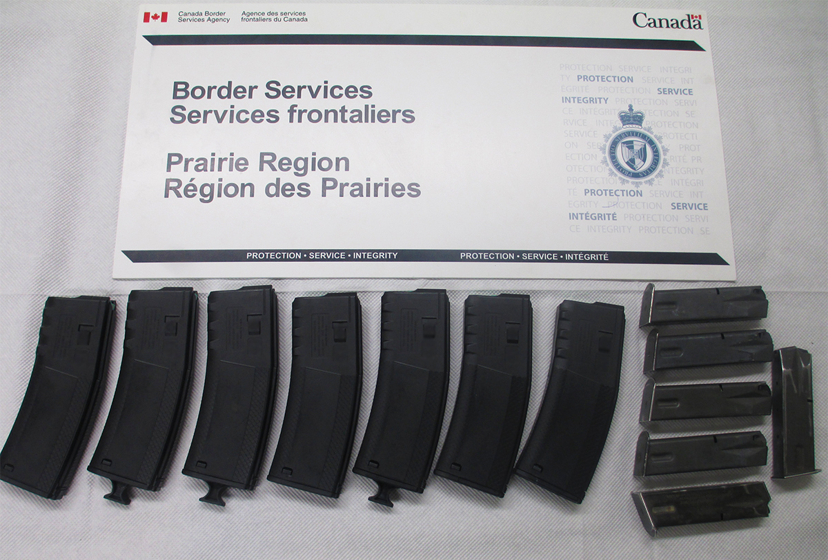 The 13 overcapacity magazines seized at North Portal on January 14.
