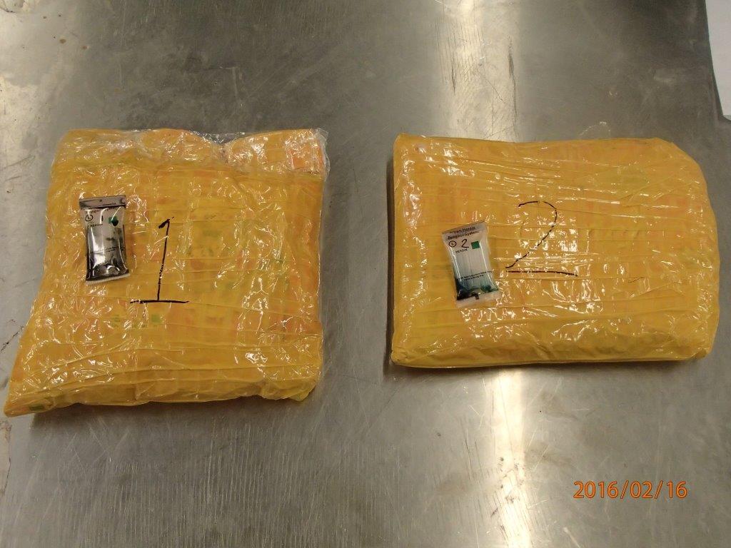 Two packages containing suspected heroin found inside the shipment of frozen fish.