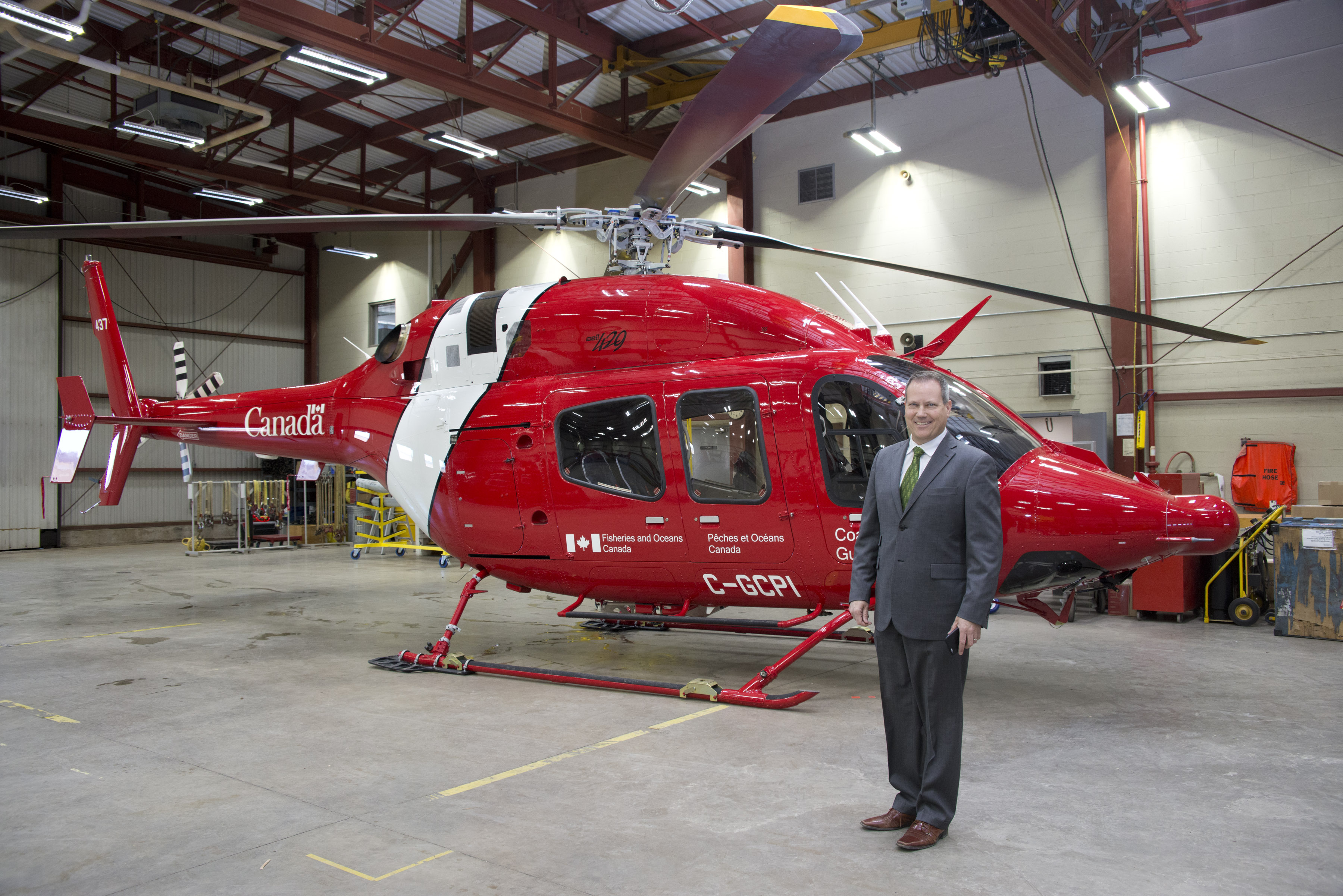 Darren Fisher, Member of Parliament for Dartmouth-Cole Harbour, was on hand at the Canadian Coast Guard hanger at 12 Wing Shearwater in Dartmouth NS to inspect the Coast Guard¿s newest helicopter, the Bell Light-Lift 429. The helicopter is used to support Coast Guard operations in the Maritimes.