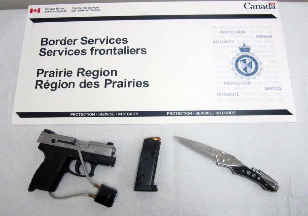 The handgun and switchblade seized at North Portal on March 21.