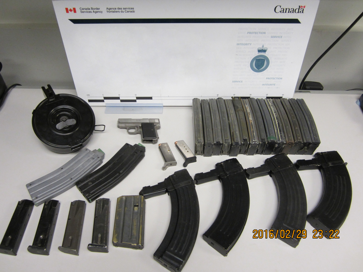 The .380-calibre handgun and 24 prohibited magazines seized at Coutts on February 29.
