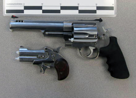 A .500 revolver and a .45-calibre derringer handgun seized at the Beaver Creek, British Columbia border crossing on May 2, 2016.