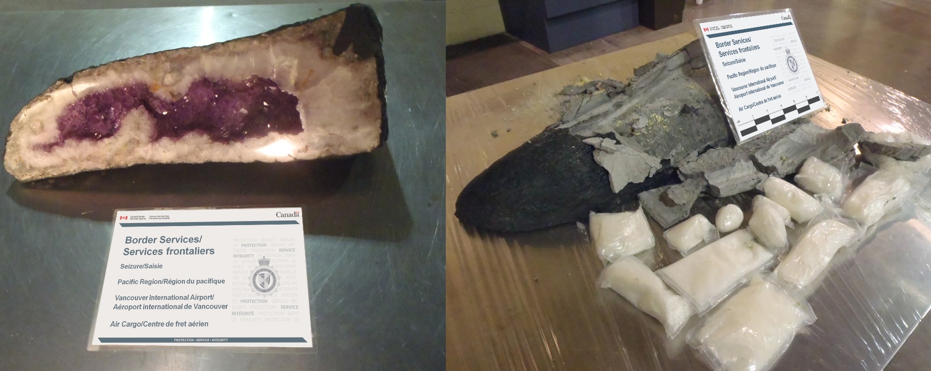 The CBSA seized one kilogram of methamphetamine found concealed inside a fake amethyst geode.