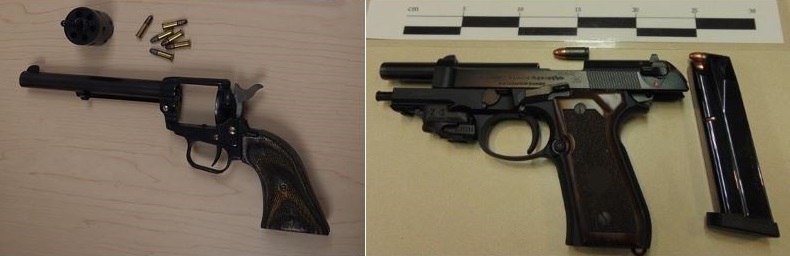 Left: Firearm seized by CBSA officers at the Fort Frances port of entry on September 21, 2016.
Right: Undeclared 9-mm pistol and magazine seized at the Pigeon River on September 27, 2016 
