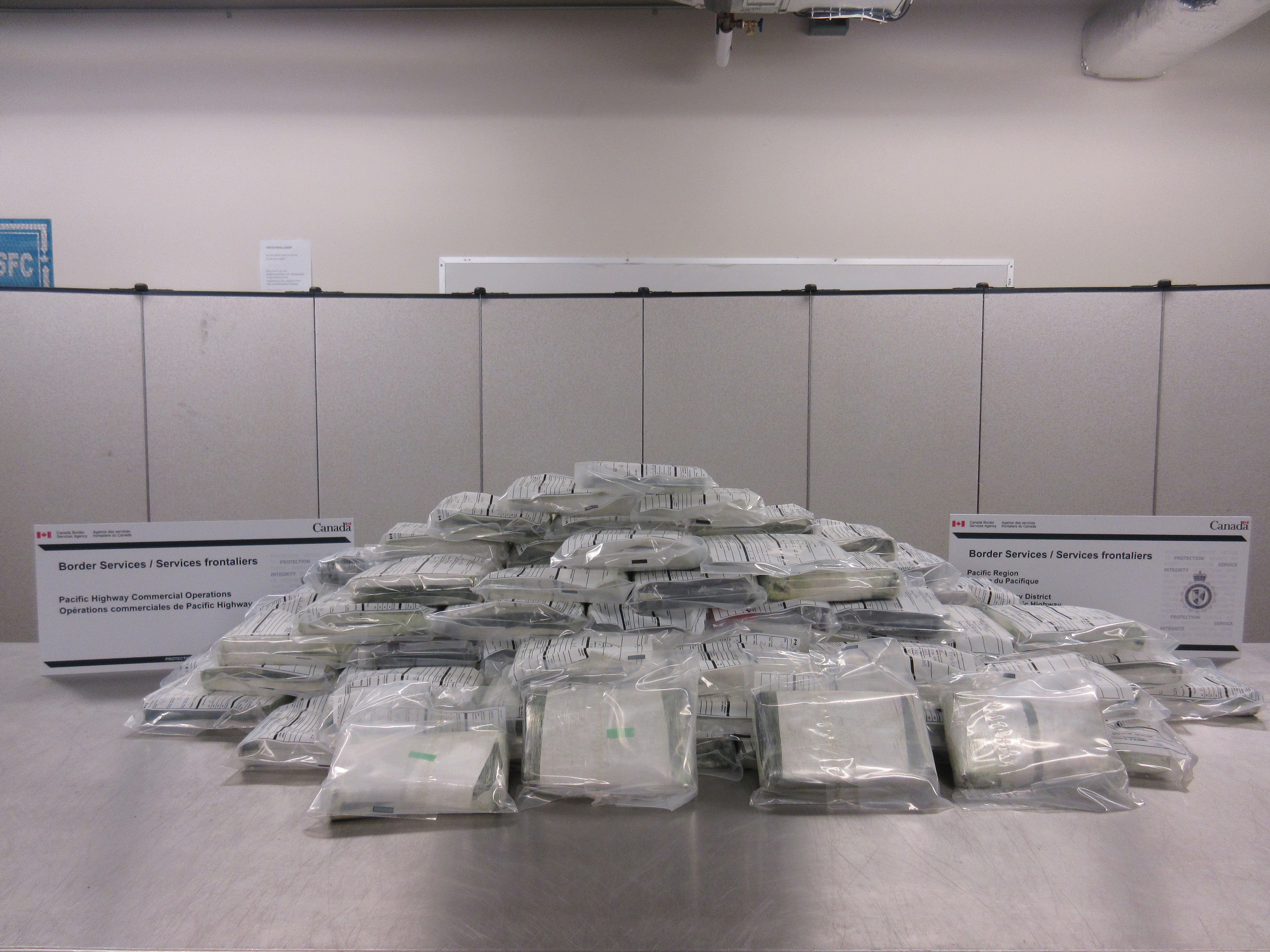 107.5 kg of suspected cocaine seized by the Canada Border Services Agency Pacific Region.