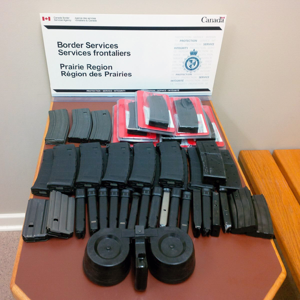 The 43 overcapacity magazines seized at the Del Bonita border crossing on October 25.