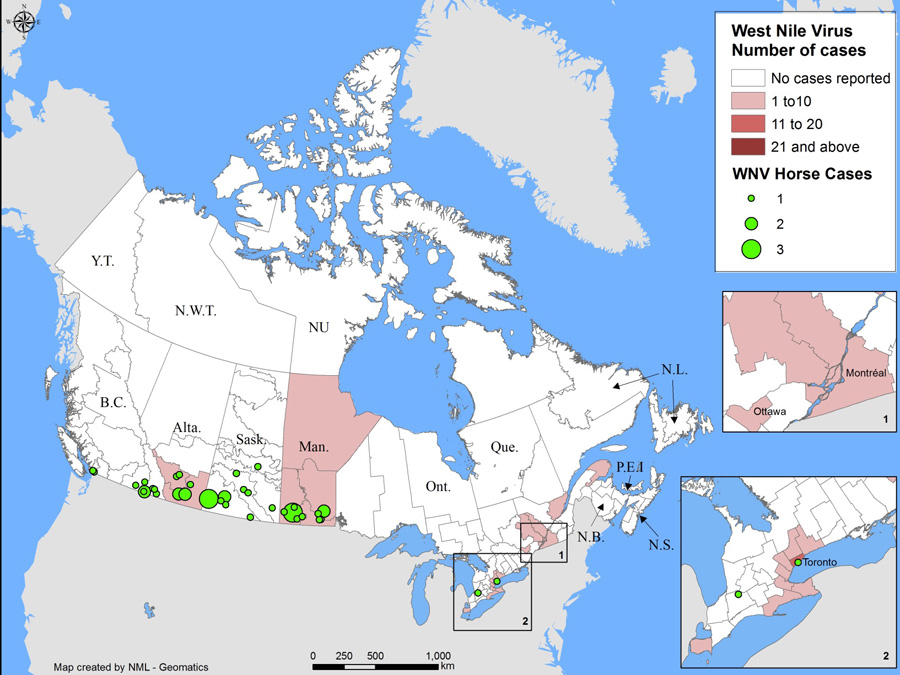 Map of West Nile Virus number of cases