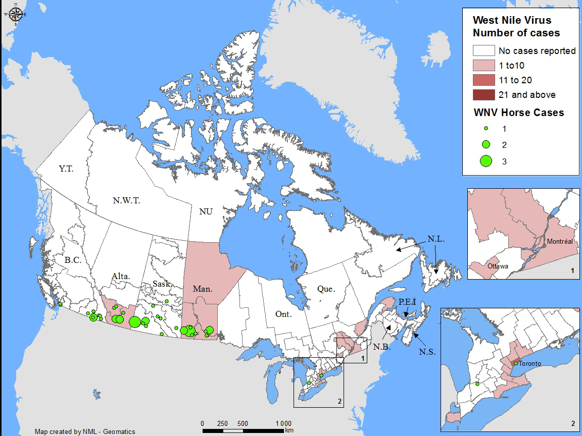 Map of West Nile Virus number of cases