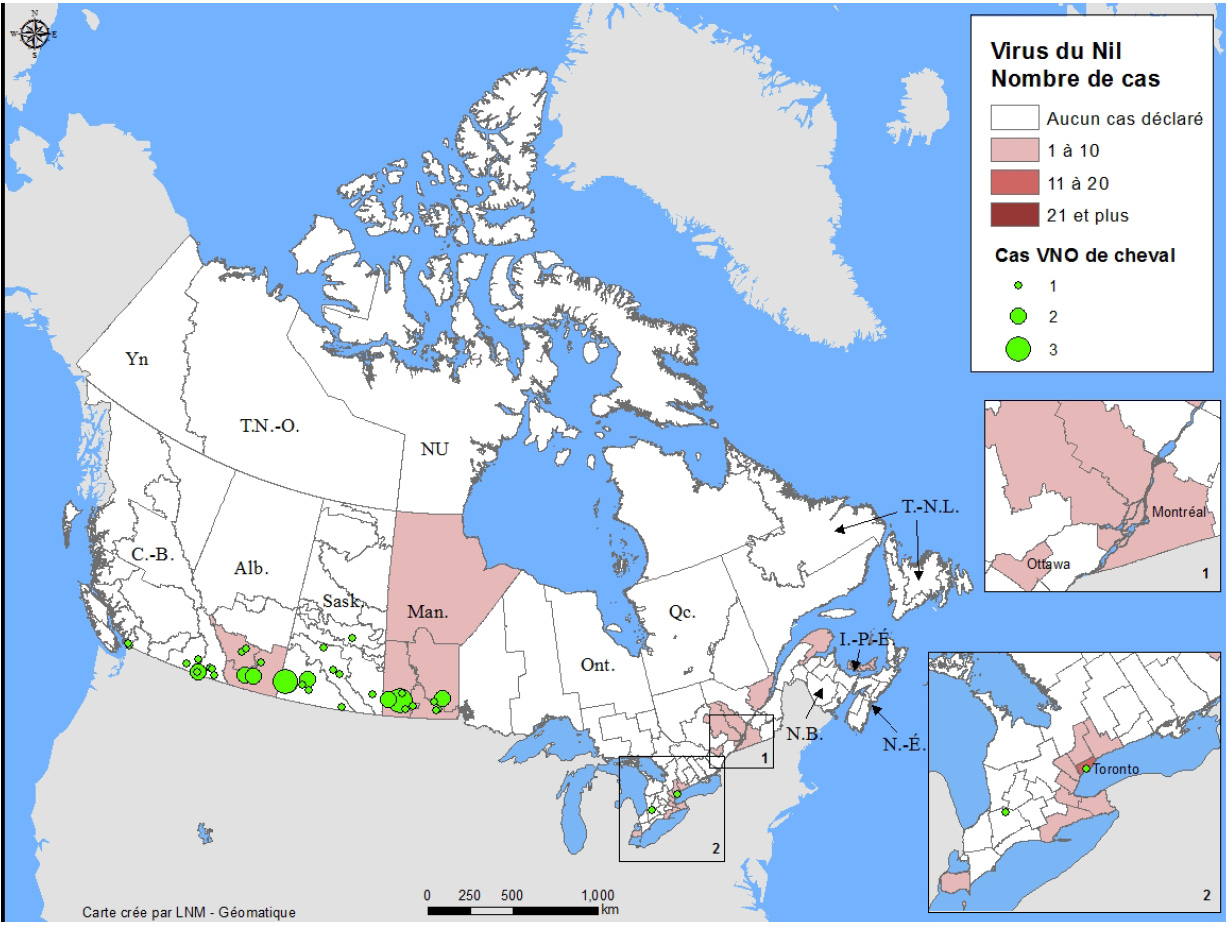 Figure 1: Répartition géographique du VNO chez les humains (cas cliniques) et des chevaux au Canada en date du 15 octobre 2016