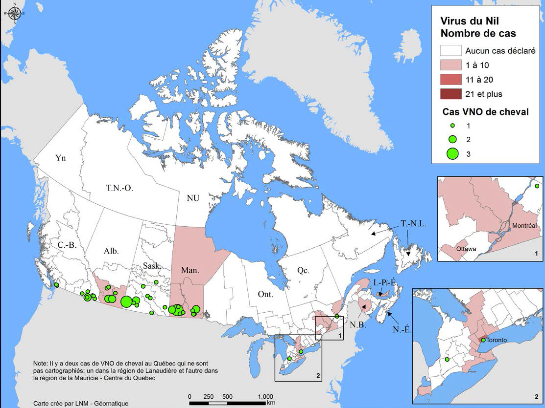 Figure 1: Répartition géographique du VNO chez les humains (cas cliniques) et des chevaux au Canada en date du 15 octobre 2016