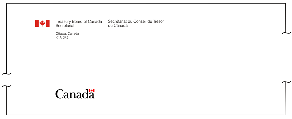 Illustration of the arrangement of the flag symbol signature and the Canada Wordmark on letter and legal size paper.