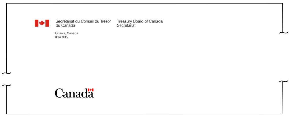 Illustration de la disposition de la signature incorporant le symbole du drapeau et la disposition du mot-symbole « Canada » sur du papier de format commercial et grand format.