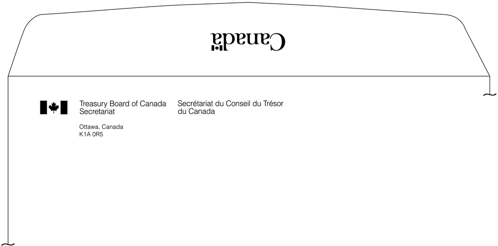 Illustration of the arrangement of the flag symbol signature and the Canada Wordmark on a large kraft paper envelope. 