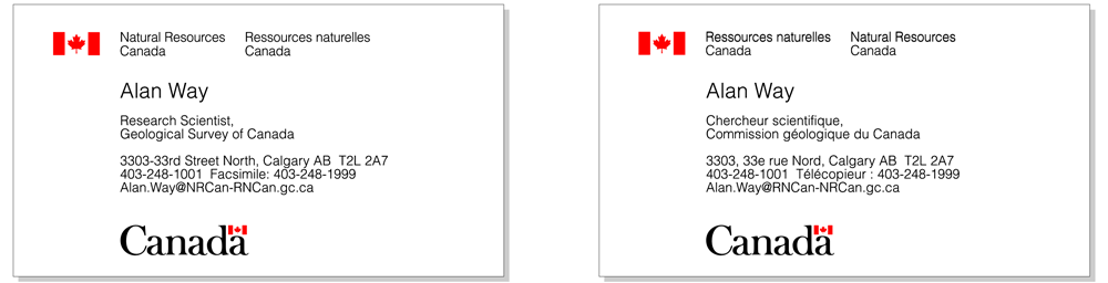 Illustration of the arrangement of the flag symbol signature and the Canada Wordmark on a double-sided business card.