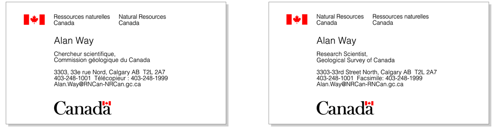 Illustration de la disposition de la signature incorporant le symbole du drapeau et la disposition du mot-symbole « Canada » sur une carte professionnelle recto verso.