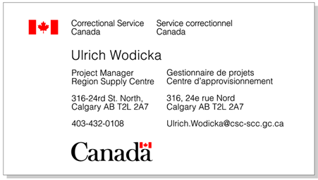 Illustration of the arrangement of the flag symbol signature and the Canada Wordmark on a single-sided business card.