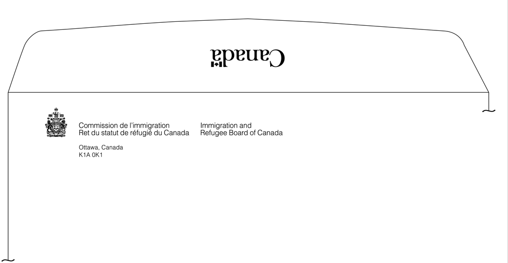 Illustration de la disposition de la signature incorporant de façon asymétrique les armoiries du Canada et la disposition du mot-symbole « Canada » sur des enveloppes en papier kraft grand format.