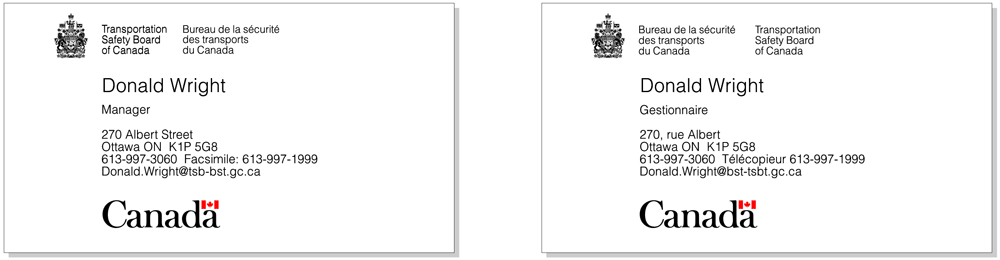 Illustration of the arrangement of an asymmetrical Arms of Canada signature and the Canada Wordmark on a double-sided business card.