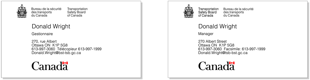 Illustration de la disposition de la signature incorporant de façon asymétrique les armoiries du Canada et la disposition du mot-symbole « Canada » sur une carte professionnelle recto verso.