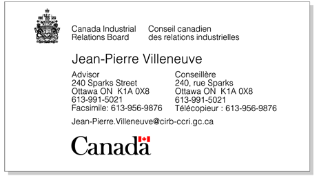 Illustration of the arrangement of an asymmetrical Arms of Canada signature and the Canada Wordmark on a single-sided business card.