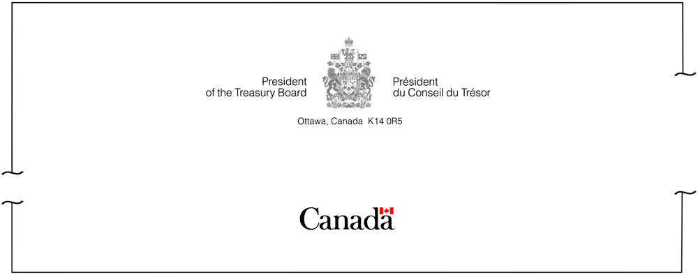 Illustration of the arrangement of a symmetrical Arms of Canada signature and the Canada Wordmark on letter and legal size paper.