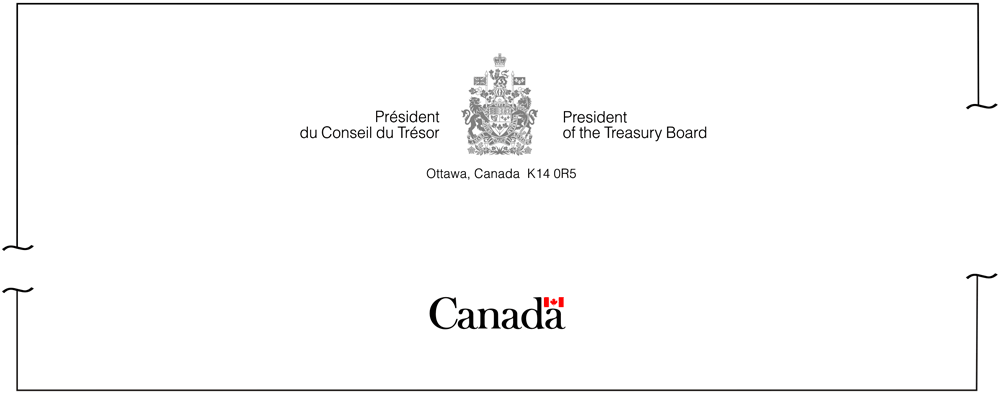 Illustration de la disposition de la signature incorporant de façon symétrique les armoiries du Canada et la disposition du mot-symbole « Canada » sur du papier de format commercial et grand format.