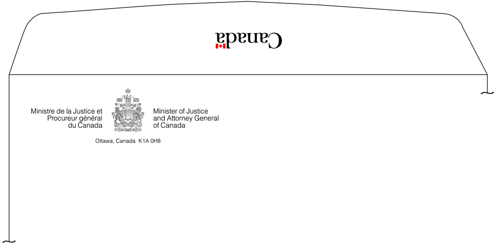 Illustration de la disposition de la signature incorporant de façon symétrique les armoiries du Canada et la disposition du mot-symbole « Canada » sur des enveloppes en papier blanc.