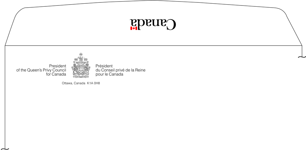 Illustration of the arrangement of a symmetrical Arms of Canada signature and the Canada Wordmark on a large white envelope.
