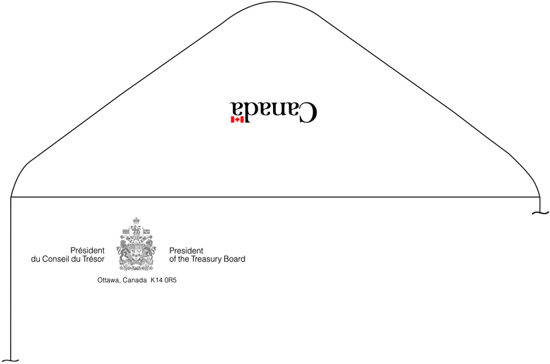 Illustration de la disposition de la signature incorporant de façon symétrique les armoiries du Canada et la disposition du mot-symbole « Canada » sur des enveloppes blanches petit format.