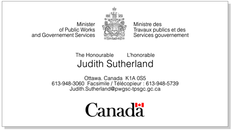 Illustration of the arrangement of a symmetrical Arms of Canada signature and the Canada Wordmark on a single-sided business card. 