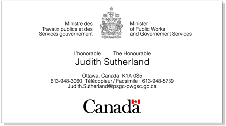 Illustration de la disposition de la signature incorporant de façon symétrique les armoiries du Canada et la disposition du mot-symbole « Canada » sur une carte professionnelle d’un seul côté.