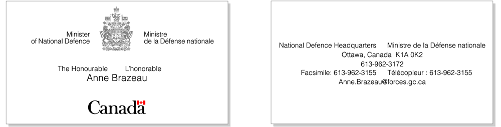 Illustration of the arrangement of a symmetrical Arms of Canada signature and the Canada Wordmark on a continuous business card. 