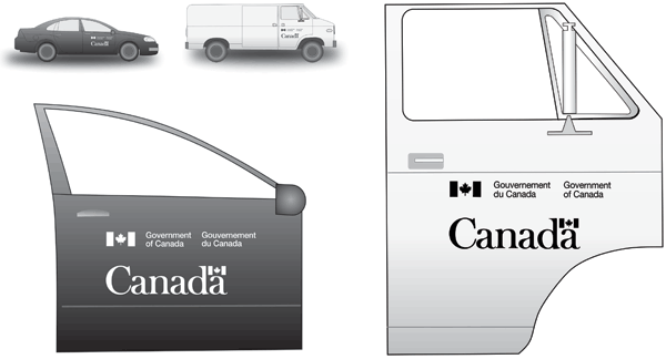 Illustration of markings on doors of motor vehicles, showing two variations of the Canada Wordmark and the Government of Canada signature.