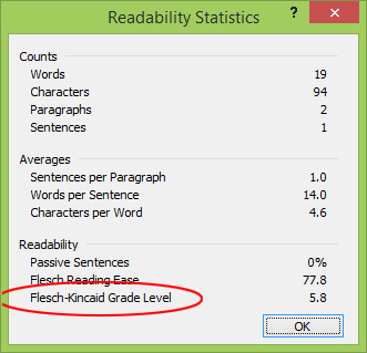 Screen capture of a readability statistics dialog box in Microsoft Word. Text version below: