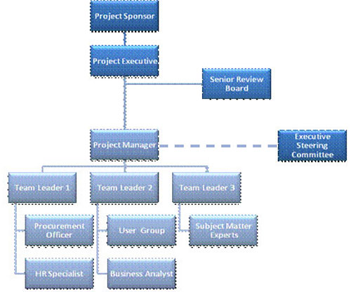 Sample of a Project Team Organizational Chart. Text version below: