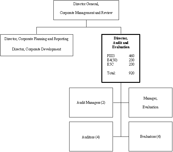 Org chart of the DDIRECTOR, AUDIT AND EVALUATION