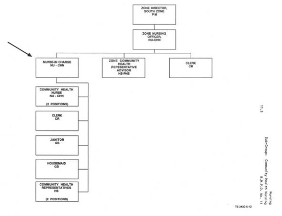 Organizational chart illustrating the reporting relationship for Nurse-in Charge NU-CHN. Text version below: