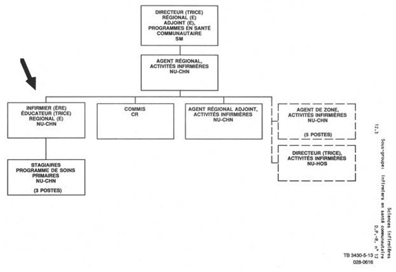 Organigramme qui illustre le lien hiérarchique pour un infirmier éducateur régional (NU CHN). Version textuelle ci-dessous: